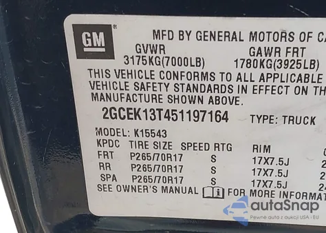 2005 Chevrolet Silverado 1500 Z71 from USA, damaged, VIN 2GCEK13T451197164